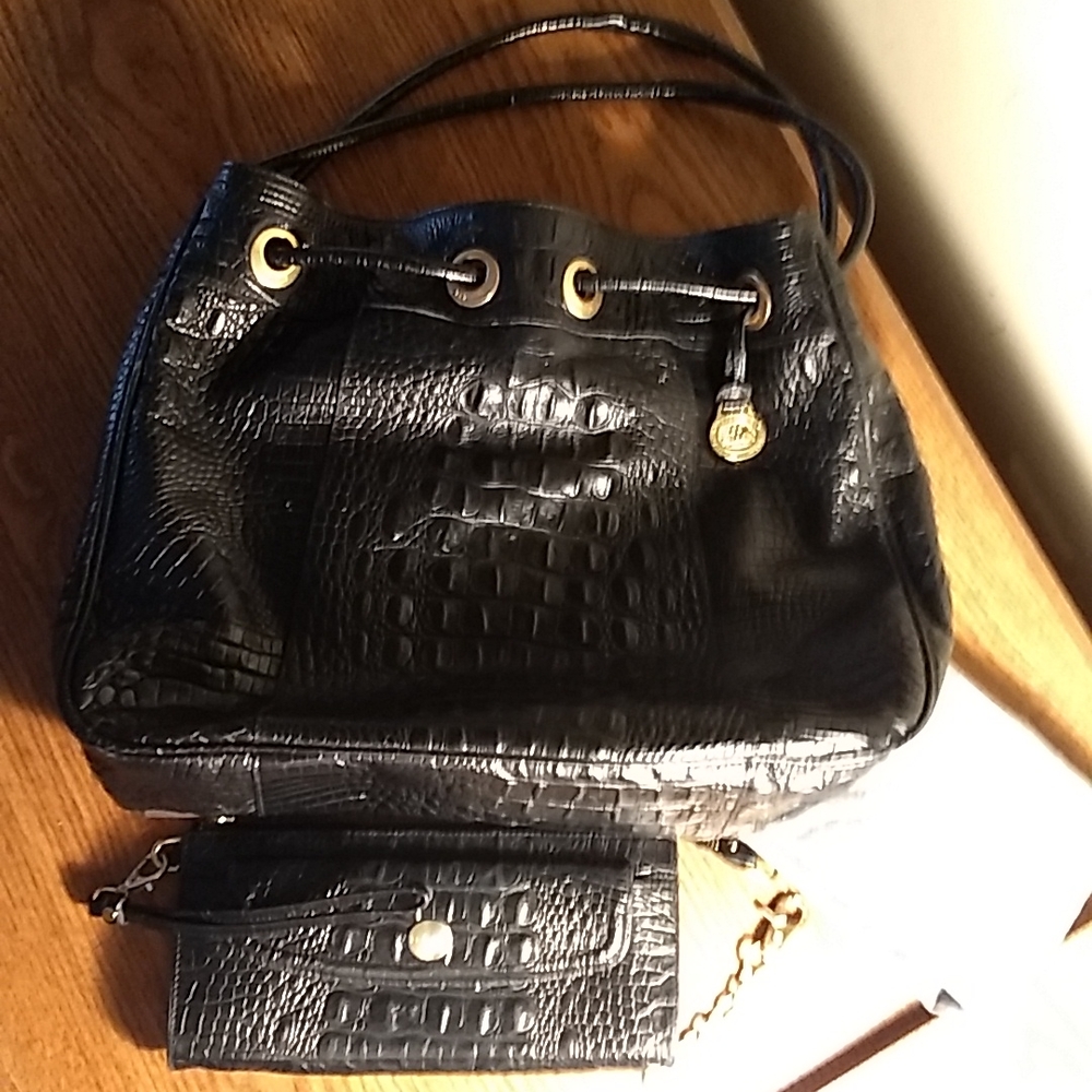 Brahmin Trina Black soft croc embossed leather Bag & wristlet & clip